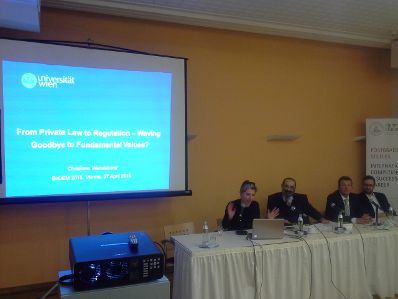 Am 27. und 28. April 2015 fand in der Diplomatischen Akademie Wien die Conference on European Democracy (EuDEM) 2015 statt. Am Podium von links nach rechts: Prof. Wendehorst bei ihrer Pr&auml;sentation, Priv.-Doz. Balthasar, Prof. Schr&ouml;der, Dr. Jakab.