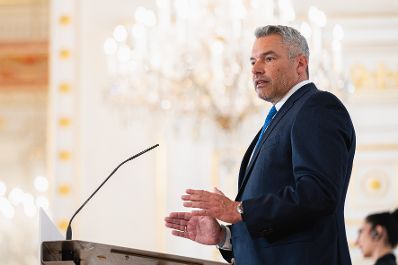 Am 18. August 2021 gab Innenminister Karl Nehammer (im Bild) ein Pressestatement vor dem Sonderrat der EU-Innenminister.