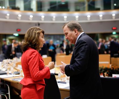 Am 18. Oktober 2019 nahm Bundeskanzlerin Brigitte Bierlein (l.) am Europ&auml;ischen Rat der Staats- und Regierungschefs teil. Im Bild mit dem schwedischen Premierminister Stefan L&ouml;fven (r.).