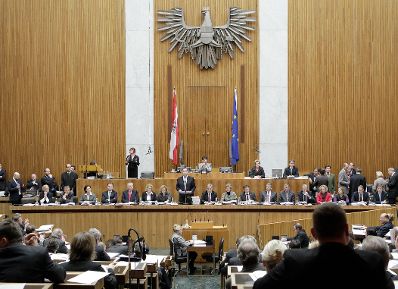 Am 30. November 2010 traf sich die &ouml;sterreichische Bundesregierung im Parlament um den Haushalt f&uuml;r 2011 offiziell zu beschlie&szlig;en. Bildmitte Finanzminister Josef Pr&ouml;ll bei seiner anschlie&szlig;enden Budgetrede.