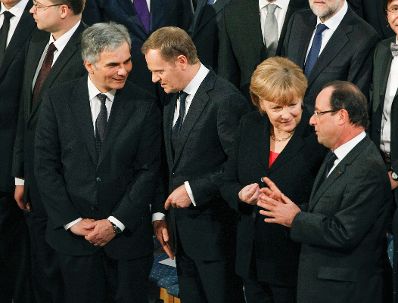 Am 10. Dezember 2012 wurde in Oslo, Norwegen der Friedensnobelpreis an die Europ&auml;ische Union verliehen. Im Bild (v.l.n.r.) Bundeskanzler Werner Faymann mit Polens Premierminister Donald Tusk, Deutschlands Bundeskanzlerin Angela Merkel und Frankreichs Staatspr&auml;sidenten Fran&ccedil;ois Hollande.