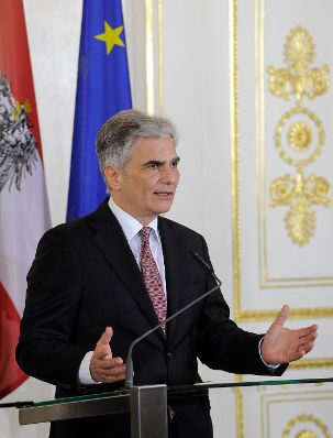 Bundeskanzler Werner Faymann beim Pressefoyer nach dem Ministerrat am 3. Mai 2016.
