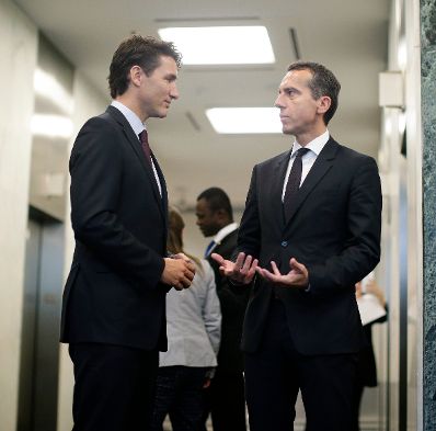 Am 19. September 2016 nahm Bundeskanzler Christian Kern (r.) am Gipfeltreffen der Vereinten Nationen zu Flucht und Migration in New York teil. Im Bild mit dem kanadischen Premierminister Justin Trudeau (l.).