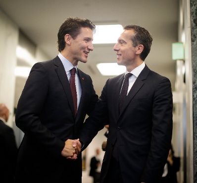 Am 19. September 2016 nahm Bundeskanzler Christian Kern (r.) am Gipfeltreffen der Vereinten Nationen zu Flucht und Migration in New York teil. Im Bild mit dem kanadischen Premierminister Justin Trudeau (l.).