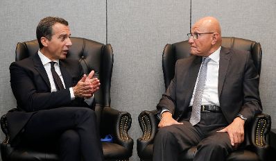 Am 19. September 2016 nahm Bundeskanzler Christian Kern (l.) am Gipfeltreffen der Vereinten Nationen zu Flucht und Migration in New York teil. Im Bild mit dem libanesischen Ministerpr&auml;sidenten Tammam Salam (r.).