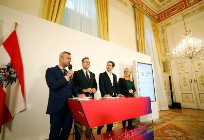 Am 19. M&auml;rz 2019 fand eine Pressekonferenz zum Thema "Digitales Amt" im Bundeskanzleramt statt. Im Bild (v.l.n.r) Bundesminister Norbert Hofer, Vizekanzler Heinz-Christian Strache, Bundeskanzler Sebastian Kurz und Bundesministerin Margarete Schramb&ouml;ck.