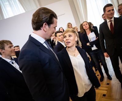 Am 3. April 2019 empfing Bundeskanzler Sebastian Kurz (l.) gemeinsam mit Vizekanzler Heinz-Christian Strache die &Ouml;SV-Athletinnen und Athleten im Bundeskanzleramt.