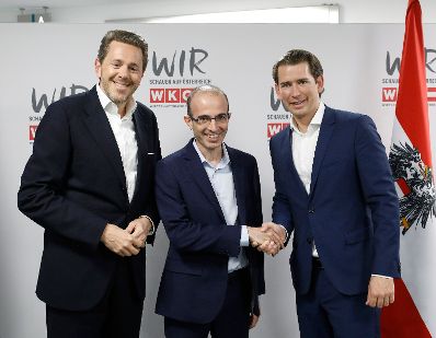 Am 7. Mai 2019 nahm Bundeskanzler Sebastian Kurz (r.) an der Veranstaltung &quot;The European Dream&quot; teil. Im Bild mit dem Wirtschaftskammerpr&auml;sident Harald Mahrer (l.) und dem israelischen Historiker Yuval Noah Harari (m.).