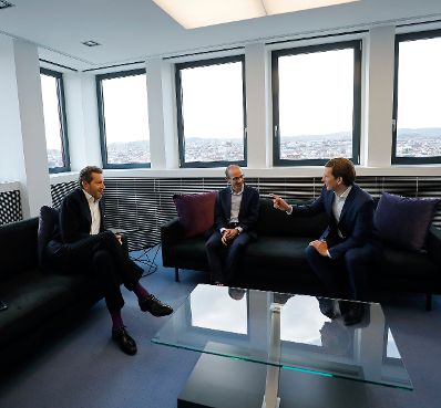 Am 7. Mai 2019 nahm Bundeskanzler Sebastian Kurz (r.) an der Veranstaltung &quot;The European Dream&quot; teil. Im Bild mit dem Wirtschaftskammerpr&auml;sident Harald Mahrer (m.) und dem israelischen Historiker Yuval Noah Harari (l.).