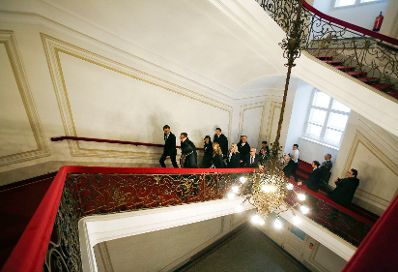 Am 18. Dezember 2017 wurde die neue Bundesregierung vom Bundespr&auml;sidenten in der Pr&auml;sidentschaftskanzlei angelobt. Im Bild Sebastian Kurz (l.v.) mit Heinz-Christian Strache (r.v.) am Weg in die Hofburg.