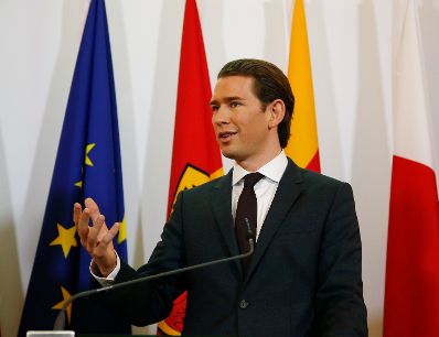 Bundeskanzler Sebastian Kurz (im Bild) mit Vizekanzler Heinz-Christian Strache und Regierungssprecher Peter Launsky-Tieffenthal beim Pressefoyer nach dem Ministerrat am 19. Dezember 2017.