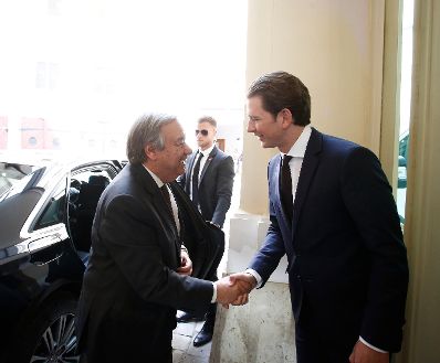 Am 14. Mai 2018 empfing Bundeskanzler Sebastian Kurz (r.) den Generalsekret&auml;r der Vereinten Nationen Ant&oacute;nio Manuel de Oliveira Guterres (l.) im Bundeskanzleramt.