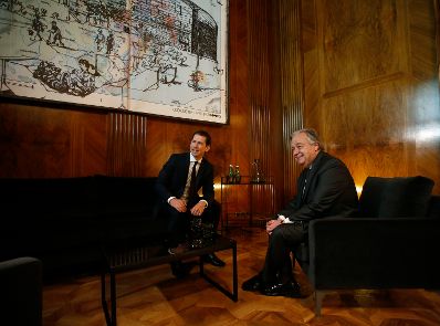 Am 14. Mai 2018 empfing Bundeskanzler Sebastian Kurz (l.) den Generalsekret&auml;r der Vereinten Nationen Ant&oacute;nio Manuel de Oliveira Guterres (r.) im Bundeskanzleramt.