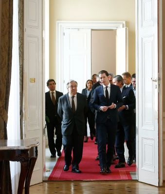 Am 14. Mai 2018 empfing Bundeskanzler Sebastian Kurz (r.) den Generalsekret&auml;r der Vereinten Nationen Ant&oacute;nio Manuel de Oliveira Guterres (l.) im Bundeskanzleramt.