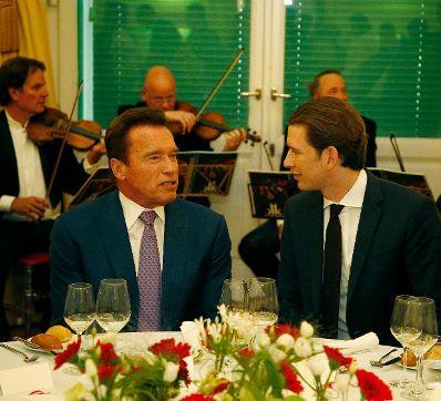 Am 14. Mai 2018 nahm Bundeskanzler Sebastian Kurz (r.) am R20 Austrian World Summit teil. Im Bild mit dem Initiator Arnold Schwarzenegger (l.).
