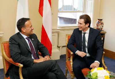 Am 8. Juli 2018 reiste Bundeskanzler Sebastian Kurz (r.) zu einem Arbeitsgespr&auml;ch nach Irland. Im Bild mit dem irischen Premierminister Leo Varadkar (l.).