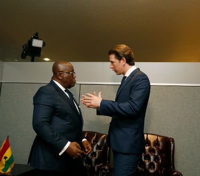 Am 24. September 2018 setzte Bundeskanzler Sebastian Kurz (r.) seine Reise anl&auml;sslich der UN-Generalversammlung nach New York fort. Im Bild mit dem Pr&auml;sidenten von Ghana Nana Addo Dankwa Akufo-Addo (l.).