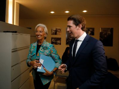 Am 24. September 2018 setzte Bundeskanzler Sebastian Kurz (r.) seine Reise anl&auml;sslich der UN-Generalversammlung nach New York fort. Im Bild mit der gesch&auml;ftsf&uuml;hrenden Direktorin des Internationalen W&auml;hrungsfonds Christine Lagarde (l.).