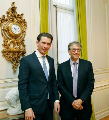 Am 17. Oktober 2018 traf Bundeskanzler Sebastian Kurz (l.) bei seinem Arbeitsbesuch in Br&uuml;ssel den Microsoft-Gr&uuml;nder Bill Gates (r.) zu einem Gespr&auml;ch.
