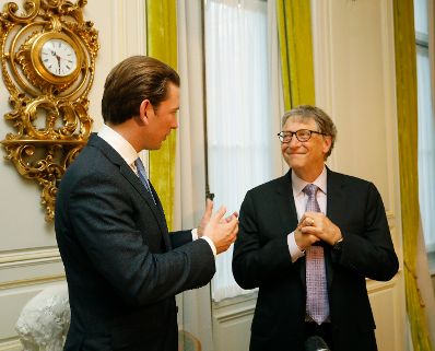 Am 17. Oktober 2018 traf Bundeskanzler Sebastian Kurz (l.) bei seinem Arbeitsbesuch in Br&uuml;ssel den Microsoft-Gr&uuml;nder Bill Gates (r.) zu einem Gespr&auml;ch.