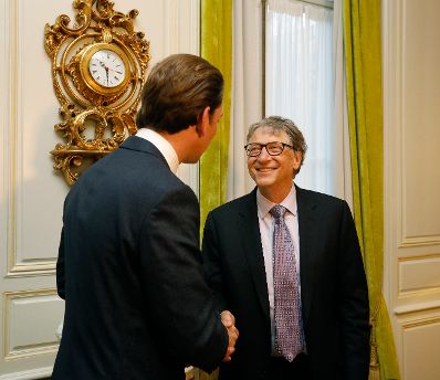 Am 17. Oktober 2018 traf Bundeskanzler Sebastian Kurz (l.) bei seinem Arbeitsbesuch in Br&uuml;ssel den Microsoft-Gr&uuml;nder Bill Gates (r.) zu einem Gespr&auml;ch.