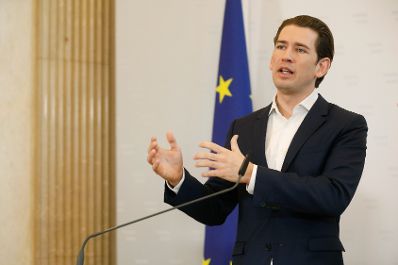 Bundeskanzler Sebastian Kurz beim Pressestatement nach dem Gipfel f&uuml;r Verantwortung im Netz und Gewaltpr&auml;vention.