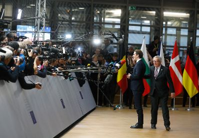 Am 25. November 2018 fand ein Brexit-Gipfel in Br&uuml;ssel statt. Im Bild Bundeskanzler Sebastian Kurz (l.) mit dem Pr&auml;sidenten der Europ&auml;ischen Kommission Jean-Claude Juncker (r.) bei einem Pressestatement.