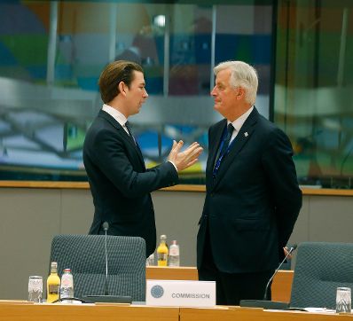 Am 25. November 2018 fand ein Brexit-Gipfel in Br&uuml;ssel statt. Im Bild Bundeskanzler Sebastian Kurz (l.) mit dem Beauftragten der EU-Kommission f&uuml;r die Austrittsverhandlungen mit dem Vereinigten K&ouml;nigreich Michel Barnier (r.).