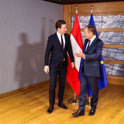 Am 12. Dezember 2018 reiste Bundeskanzler Sebastian Kurz (l.) anl&auml;sslich des EU-Gipfels nach Br&uuml;ssel. Im Bild mit dem Pr&auml;sidenten des Europ&auml;ischen Rates Donald Tusk (r.).