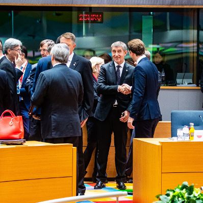 Am 13. Dezember 2018 setzte Bundeskanzler Sebastian Kurz (r.) seine Reise nach Br&uuml;ssel anl&auml;sslich des EU-Gipfels fort. Im Bild mit dem Ministerpr&auml;sidenten der Tschechischen Republik Andrej Babi&scaron; (l.) beim Europ&auml;ischen Rat.