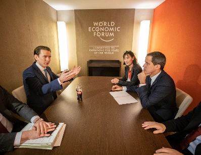 Am 24. J&auml;nner 2020 nahm Bundeskanzler Sebastian Kurz am Weltwirtschaftsforum in Davos teil. Im Bild mit dem Interimspr&auml;sidenten Venezuelas Juan Guaid&oacute;.