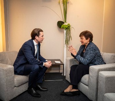 Am 24. J&auml;nner 2020 nahm Bundeskanzler Sebastian Kurz (l.) am Weltwirtschaftsforum in Davos teil. Im Bild mit der gesch&auml;ftsf&uuml;hrenden Direktorin des Internationalen W&auml;hrungsfonds, Kristalina Georgiewa (r.).