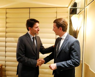 Am 14. Februar 2019 besuchte Bundeskanzler Sebastian Kurz (r.) die M&uuml;nchner Sicherheitskonferenz. Im Gespr&auml;ch mit dem kanadischen Premierminister Justin Trudeau (l.).