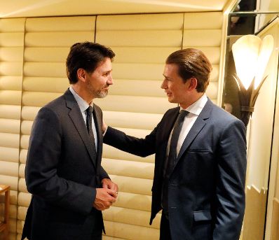 Am 14. Februar 2020 besuchte Bundeskanzler Sebastian Kurz (r.) die M&uuml;nchner Sicherheitskonferenz. Im Gespr&auml;ch mit dem kanadischen Premierminister Justin Trudeau (l.).