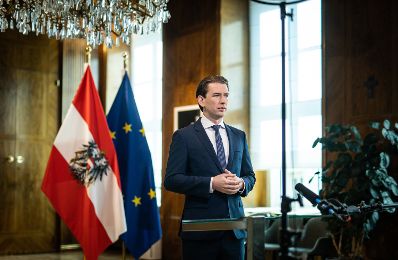 Am 27. April 2020 fand anl&auml;sslich der 75. Wiederkehr des Tages der Wiedererrichtung der Republik &Ouml;sterreich ein Festakt im Bundeskanzleramt statt. Im Bild Bundeskanzler Sebastian Kurz.