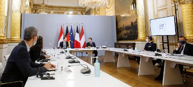 Am 10. November 2020 traf Bundeskanzler Sebastian Kurz im Rahmen seines Arbeitsbesuch in Paris den franz&ouml;sischen Staatspr&auml;sidenten Emmanuel Macron. Im Bild bei einer gemeinsamen Videokonferenz.