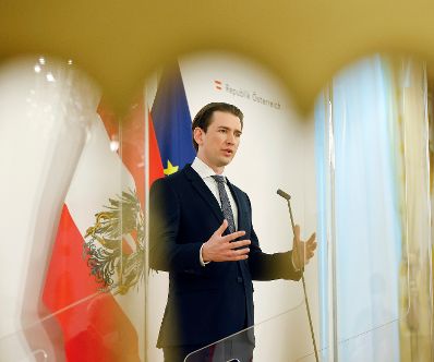 Am 14. April 2021 gab Bundeskanzler Sebastian Kurz (im Bild) gemeinsam mit Vizekanzler Werner Kogler eine Pressekonferenz zum Corona Impfstoff.