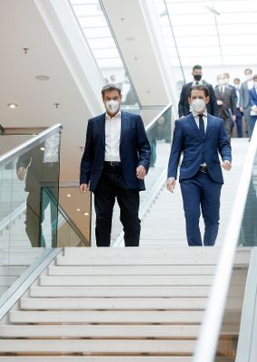 Am 11. Mai 2021 traf Bundeskanzler Sebastian Kurz (r.) im Rahmen seines Arbeitsbesuchs in M&uuml;nchen den bayrischen Ministerpr&auml;sident Markus S&ouml;der (l.).