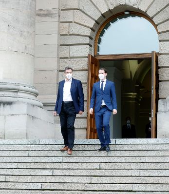 Am 11. Mai 2021 traf Bundeskanzler Sebastian Kurz (r.) im Rahmen seines Arbeitsbesuchs in M&uuml;nchen den bayrischen Ministerpr&auml;sident Markus S&ouml;der (l.).