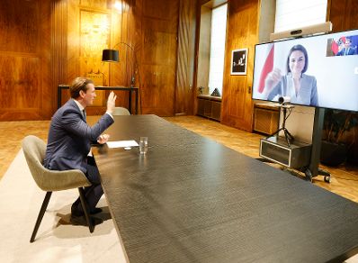 Am 1. Juni 2021 nahm Bundeskanzler Sebastian Kurz (im Bild) an einer Videokonferenz mit der wei&szlig;russischen Oppositionsf&uuml;hrerin Swjatlana Zichanouskaja teil.