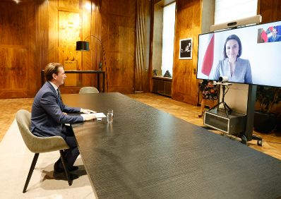 Am 1. Juni 2021 nahm Bundeskanzler Sebastian Kurz (im Bild) an einer Videokonferenz mit der wei&szlig;russischen Oppositionsf&uuml;hrerin Swjatlana Zichanouskaja teil.