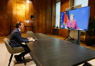 Am 21. Juni 2021 nahm Bundeskanzler Sebastian Kurz (im Bild) an einer Videokonferenz mit der deutschen Bundeskanzlerin Angela Merkel teil.