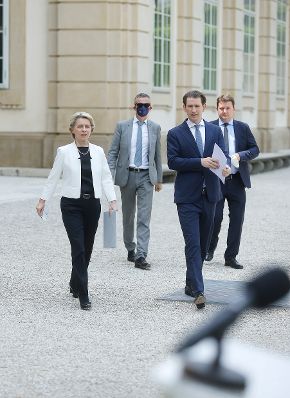 Am 21. Juni 2021 empfing Bundeskanzler Sebastian Kurz (r.) die Pr&auml;sidentin der Europ&auml;ischen Kommission Ursula von der Leyen (l.).