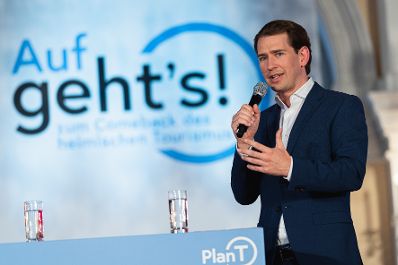 Am 8. Juli 2021 pr&auml;sentierten Bundeskanzler Sebastian Kurz (im Bild) und Bundesministerin Elisabeth K&ouml;stinger den &bdquo;Comeback-Plan f&uuml;r Tourismus&ldquo;.