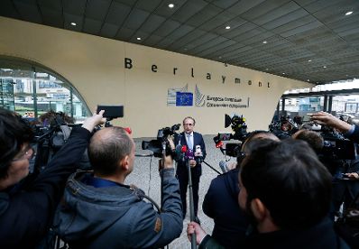 Am 14. Oktober 2021 reiste Bundeskanzler Alexander Schallenberg zu einem Arbeitsbesuch nach Br&uuml;ssel. Im Bild beim Pressestatement.