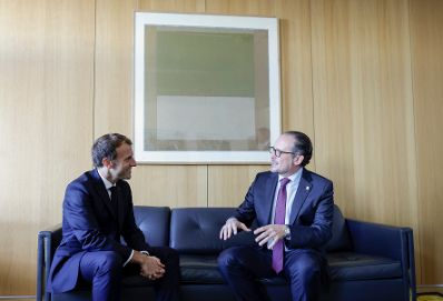 Am 22. Oktober 2021 war Bundeskanzler Alexander Schallenberg (r.) f&uuml;r den Europ&auml;ischen Rat in Br&uuml;ssel. Im Bild mit dem franz&ouml;sischen Staatspr&auml;sidenten Emmanuel Macron (l.).