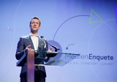 Am 7. Juni 2018 nahm Bundesminister Gernot Bl&uuml;mel (im Bild) am medienpolitischen Diskurs &quot;MedienEnquete&quot; teil.