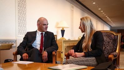 Am 12. M&auml;rz 2019 reiste Bundesministerin Juliane Bogner-Strau&szlig; (r.) nach New York zur Frauenstatuskommission der Vereinten Nationen. Im Bild mit dem Vorsteher des Eidgen&ouml;ssischen Departements des Innern Alain Berset (l.).