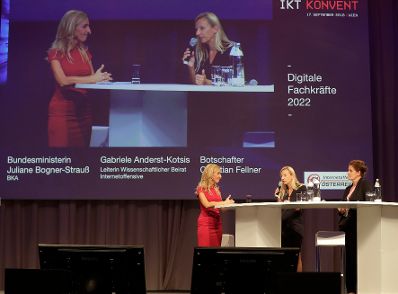 Am 17. September 2018 hielt Bundesministerin Juliane Bogner-Strau&szlig; (m.) eine Keynote beim IKT-Konvent 2018 "Startschuss zur digitalen Aufholjagd". Im Bild mit der Professorin f&uuml;r Informatik Gabriele Anderst-Kotsis (r.).