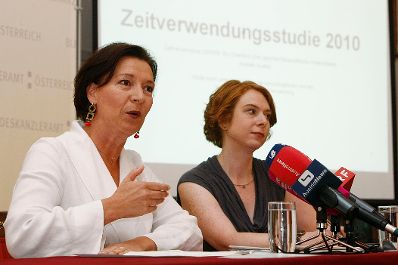Bundesministerin f&uuml;r Frauenangelegenheiten und &Ouml;ffentlichen Dienst Gabriele Heinisch-Hosek (l.) bei der Pr&auml;sentation &quot;Zeitverwendungsstudie&quot;. Ursula Bazant (r.)